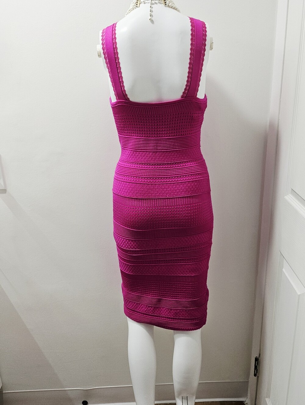 BEBE Hot Pink Pointelle Knit Lace Trim Bandage Bodycon Dress XS - Picture 5 of 12